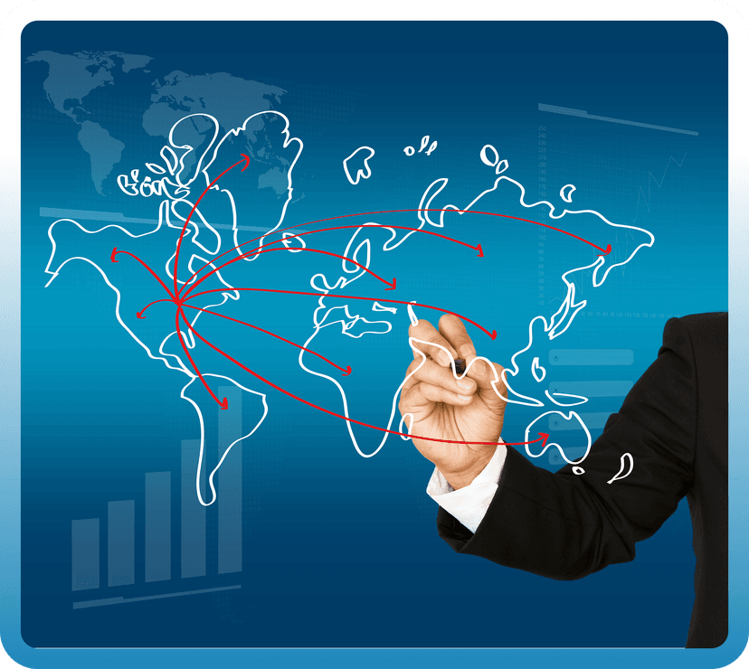 Business professional drawing world map showing global reach